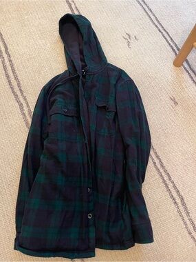 L.L. Bean Black & Dark Green Hooded Plaid Shirt Jacket